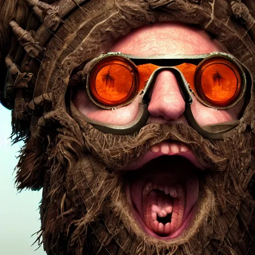 Prompt: highly detailed octane render of a close up portrait of an ugly man with a giant beard wearing goggles and armour and screaming in a cave whilst being chased by giant insects