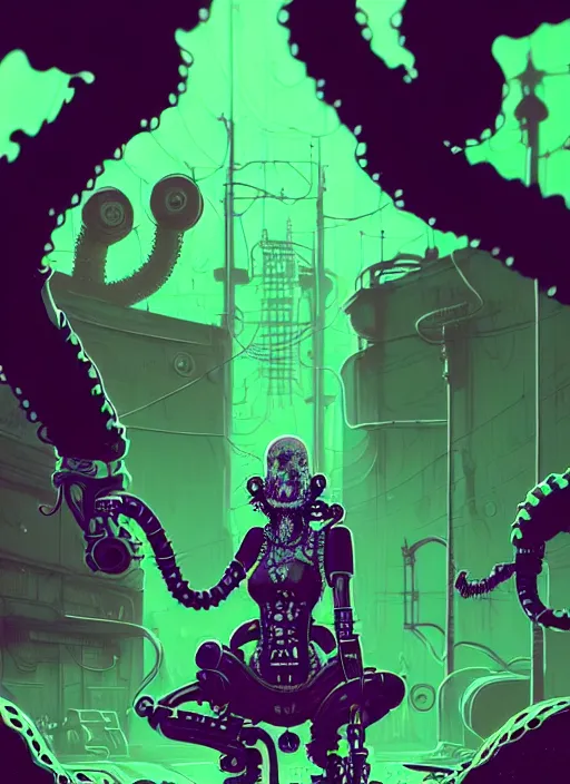 Image similar to highly detailed portrait of an moody wasteland punk long dripping green poison hair tribal lady, stray wiring by atey ghailan, james gilleard, by joe fenton, by greg rutkowski, by greg tocchini, by kaethe butcher, 4 k resolution, gradient purple, brown black and white color scheme!!! ( ( green flaming robotic sewer background ) )