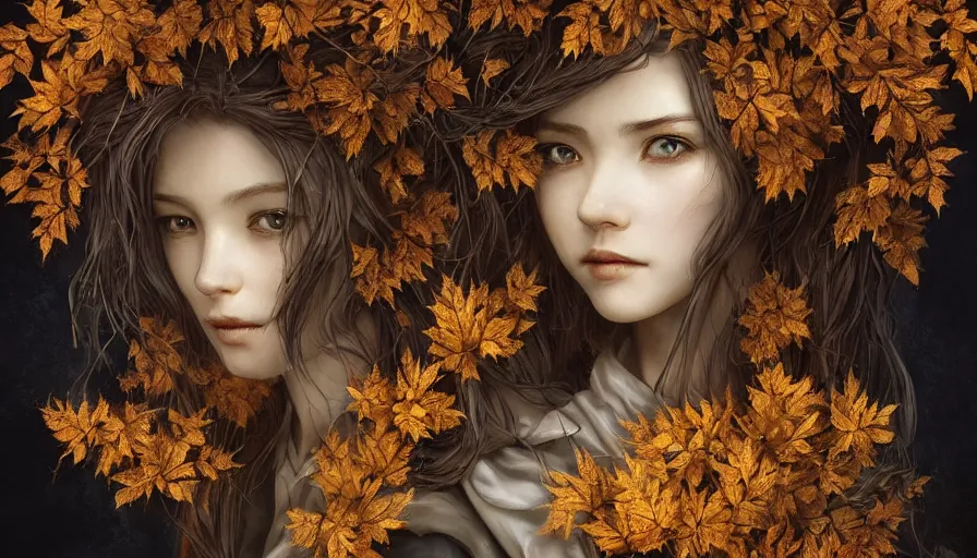 Prompt: golden leaves at frame border, creative!!! composition for a book cover!!!, absurdly beautiful, ultrafine hyperrealistic detailed old!! witch face by wlop and artgerm and greg rutkowski, intricate linework, sharp focus, smooth, octopath traveler, final fantasy, unreal engine, dramatic lighting, ethereal, 8 k