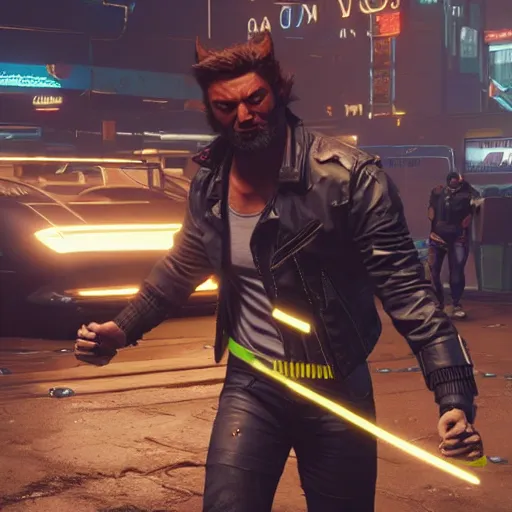 Prompt: wolverine in cyberpunk 2 0 7 7, in game screenshot