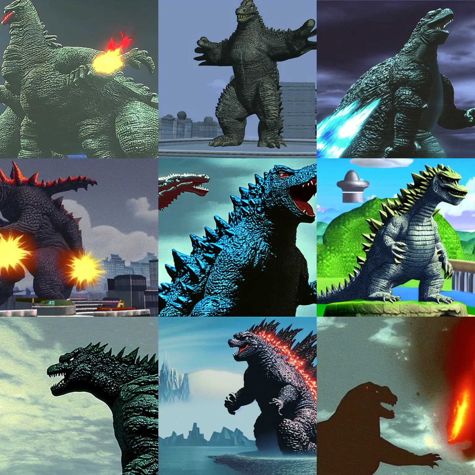 Prompt: screenshot of godzilla from the video game Super Mario 64