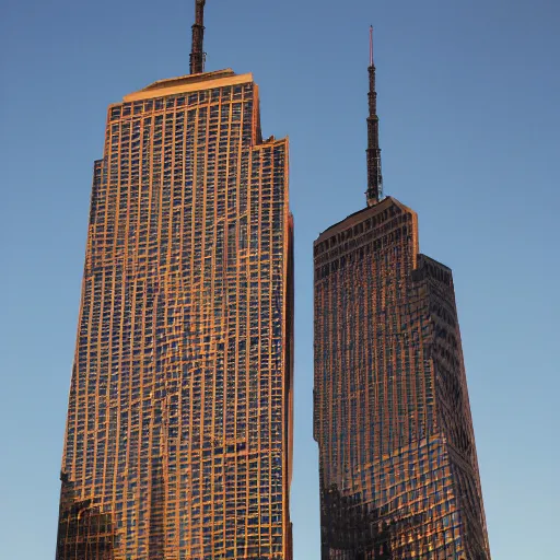 Image similar to sideways Twin Towers collapse horizontally in the cloudless Tuesday sky