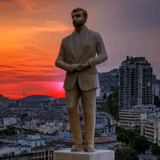 Prompt: A marble stature of Emmanuel Macron, hyper-realistic, 8K HDR, sunset.