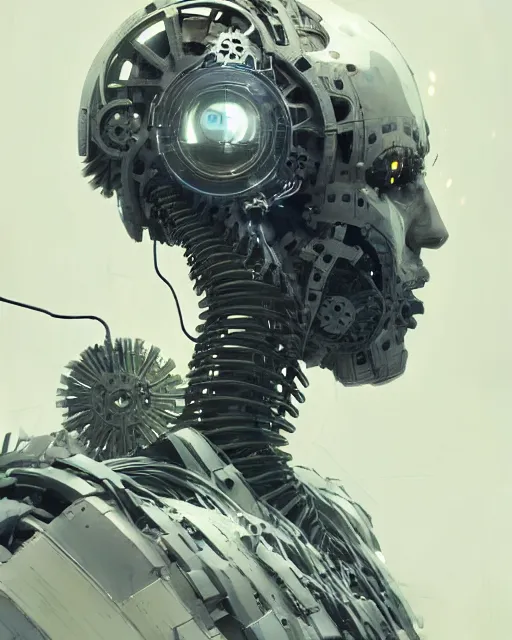 Prompt: cyborg removing its human mask revealing wires and gears behind its face, white mask, futuristic, y2k aesthetic, dramatic lighting, illustration by Greg rutkowski, yoji shinkawa, 4k, digital art, concept art, trending on artstation