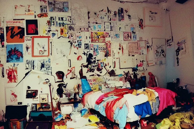 Image similar to messy bedroom, style of studio ghibli + moebius + basquiat, cute,