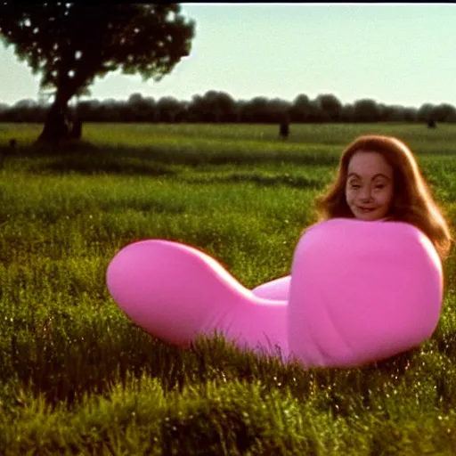 Image similar to an ample woman dressed as a squishy inflatable toy, smiley face, in a meadow, moody film still, terrence malick, 1973 technicolor