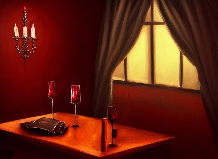 Prompt: a beautiful detailed painting of vampirish dark gothic bedroom with dark red accents by noah bradley, wine glass on table, nightsky, archdaily, wallpaper, highly detailed, trending on artstation.