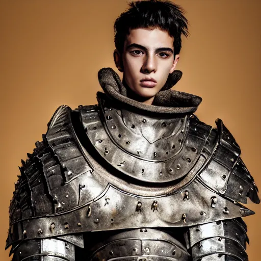 Image similar to a portrait of a beautiful young greek male wearing an alexander mcqueen armor , photographed by andrew thomas huang, artistic