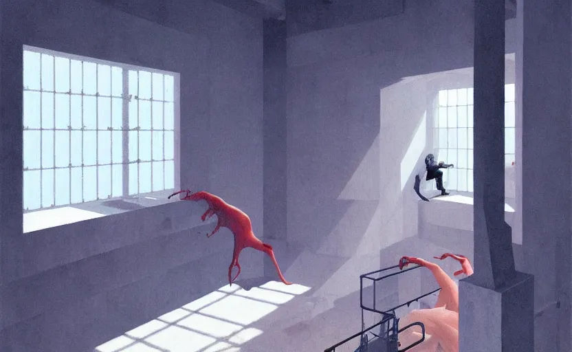 Prompt: Inside a dark big prison with white cells, very coherent, painted by Edward Hopper, Wayne Barlowe, painted by James Gilleard, airbrush, art by JamesJean