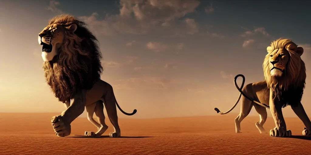 Image similar to a wise old man with a long white beard riding a lion in the desert, the man in holding a snake as though it where handlebars and the lion is holding the snake in its mouth, epic cinematic establishing shot, dramatic lighting