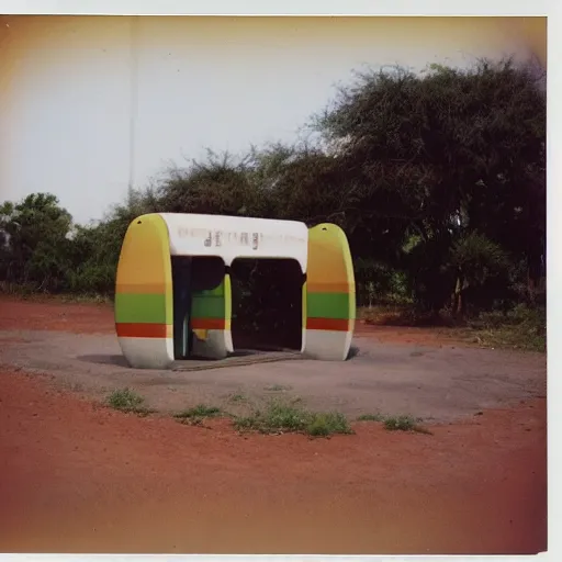 Image similar to old polaroid of futuristic african bus stops