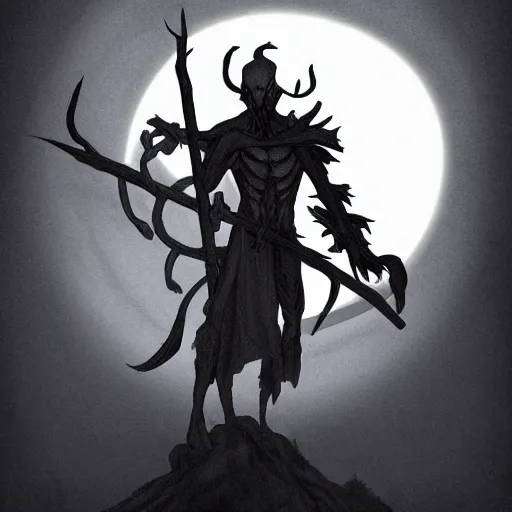 Image similar to gaunt bald pale white tiefling holding a staff made of gnarled wood, black raven sitting on staff, looming silhouette of undead god on horizon, three moons, illustration, sharp focus, highly detailed, digital painting