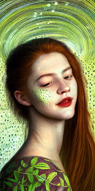 Image similar to serene young woman cheeky smile, surrounded by golden firefly lights, amidst nature fully covered by a intricate detailed dress, long red hair, precise linework, accurate green eyes, small nose with freckles, smooth oval shape face, empathic, expressive emotions, nocturnal spiritual scene, hyper realistic ultrafine art by artemisia gentileschi, jessica rossier, boris vallejo