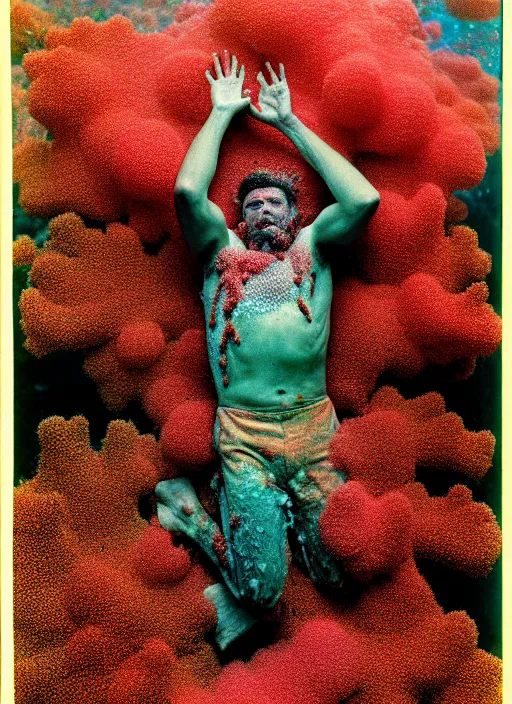 Image similar to realistic photo of a blurred face of a man, covered in shriveling dead coral reef, emitting aura, floating in the air with his arms stretched out on him 1 9 6 0, life magazine photo, natural colors, metropolitan museum, kodak, 8 k, very detailed, high resolution, product photo,