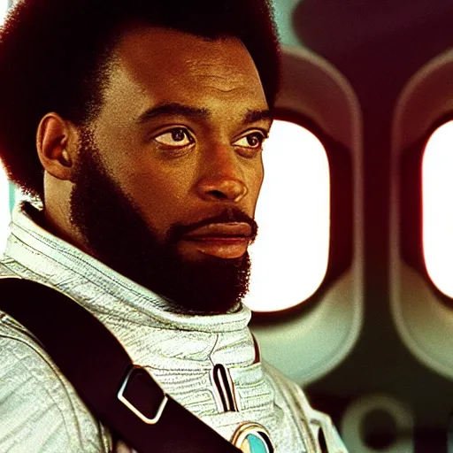 Image similar to film still of a black man with afro hair and raspy beard stubble in 2 0 0 1 a space odyssey