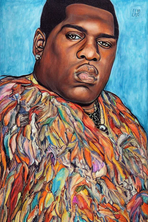 Image similar to a full body!! portrait of biggie smalls wearing boho - chic style clothes, with a fur muffler and feathers, realistic painting in egon schiele style, masterpiece, hyperdetailed, complex, intricate, 4 k, hyperrealistic, trending on artstation