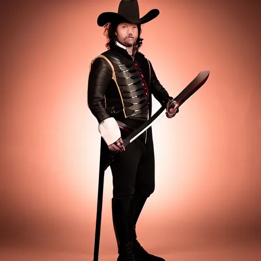 Image similar to photo of elon musk as a musketeer, he has a big black hat with a red feather, he is holding a shiny rapier sword, he is posing and looking straight to the camera, brown background, studio lighting, 4 k, 8 k