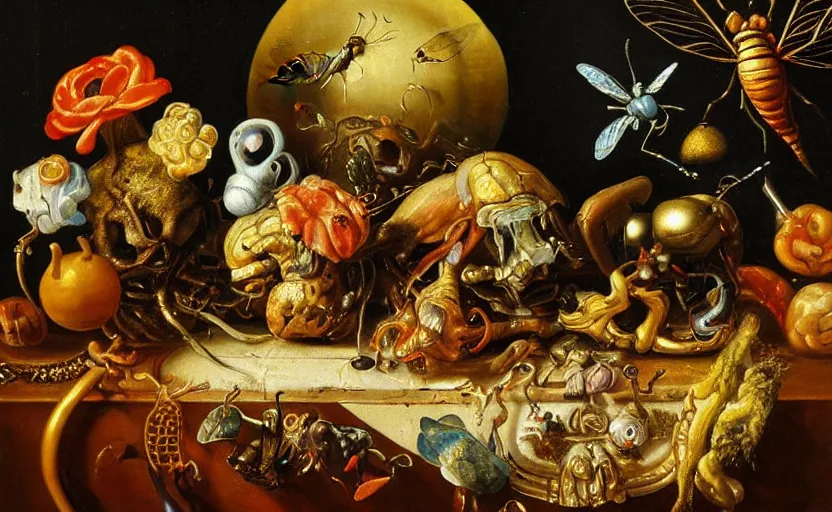 Image similar to disturbing colorful oil painting dutch golden age vanitas still life with bizarre objects strange gooey surfaces shiny metal bizarre insects rachel ruysch dali todd schorr very detailed perfect composition rule of thirds masterpiece