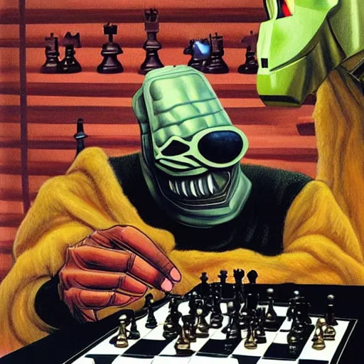 Prompt: beautiful lifelike painting of mf doom in a chess tournament with godzilla, hyperreal detailed facial features and uv lighting, art by ed roth and basil wolverton