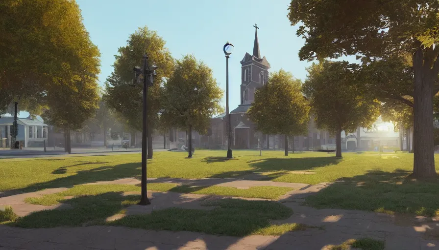 Image similar to small midwest town, square, trees, church, sunny day, volumetric light, realistic, hyperdetailed, artstation, cgsociety, 8 k