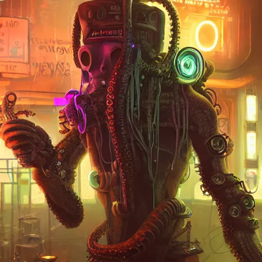 Image similar to a high quality portrait of octopus Davy Jones in a cyberpunk cyberpunk cyberpunk cafe, realism, 8k, award winning photo