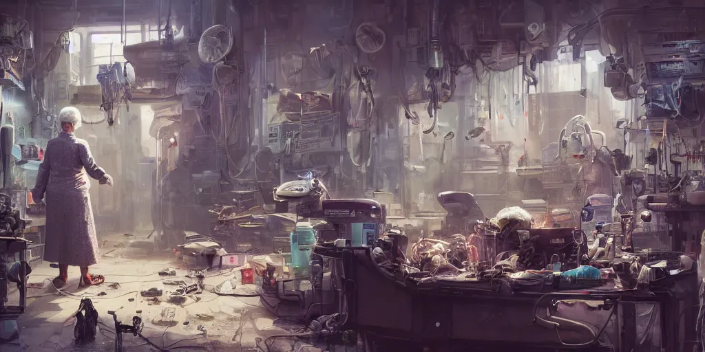 Image similar to an environmental concept art of an elderly woman cyberneticist in a cluttered workshop, surgical implements, surgery theatre, robotic arm, blood spatter, highly detailed, cinematic, dramatic, cyberpunk, dieselpunk, scifi space station, horror, ( bladerunner 2 0 4 9, cyberpunk 2 0 7 7 )