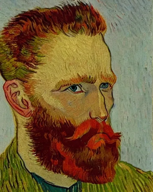 Image similar to An oil painting of a red headed man in his thirties, short beard, trimmed hair, by van gogh, very detailed