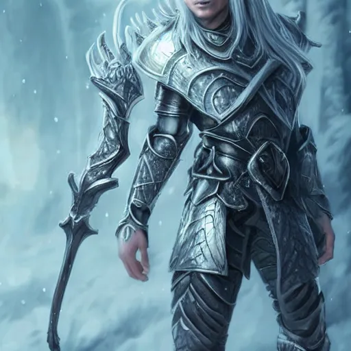 Image similar to handsome male snow elf in silver ornate armour, albino skin, elden ring, realistic, dnd character portrait, full body, dnd, rpg, lotr game design fanart by concept art, behance hd, artstation, deviantart, global illumination radiating a glowing aura global illumination ray tracing hdr render in unreal engine 5