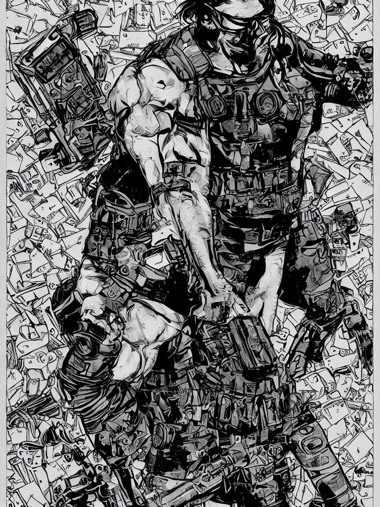 Image similar to muscular man, black vest with no shirt underneath, goggles around his neck, cargo pants, ammo belt, holding a blaster, long black hair in a ponytail, five o' clock shadow, comic book art, full body shot