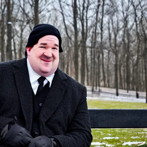 Image similar to Kevin Malone wearing a black beanie hat and black wool overcoat sitting on a park bench during the winter