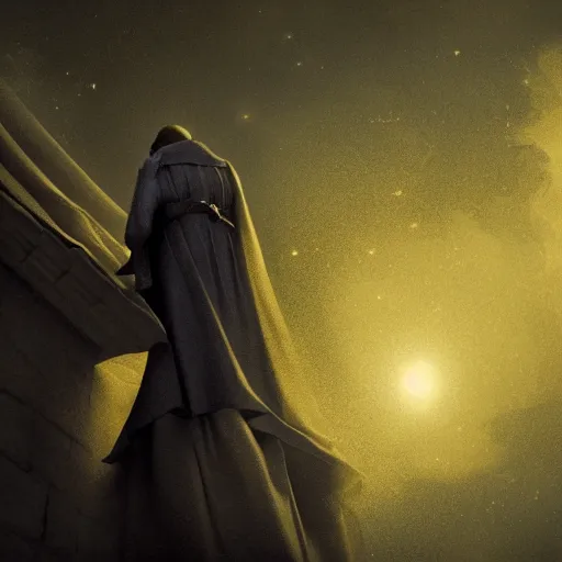 Prompt: Close-up of a terrified catholic priest in his thirties on the roof of a medieval tower watching in fear as an ominous yellow shadow descends upon him from the night sky. He is fervently praying but his eyes are wide open with fear. Low angle, dramatic lighting. Award-winning digital art, trending on ArtStation