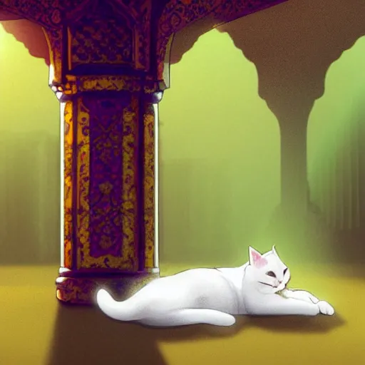 Prompt: a beuatiful white cat sleeping inside a masjid with ornate column, green carpet golden ornate, sun rays, concept art, serene, artstation