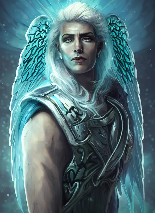 Image similar to An epic fantastic realism comic book style portrait painting of a male hexblade warlock aasimar, beautiful angel wings, teal energy surrounding body, silver hair, middle aged, Apex Legends Concept Art, unreal 5, DAZ, hyperrealistic, octane render, cosplay, RPG portrait, dynamic lighting