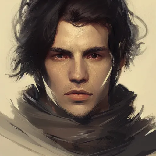 Image similar to portrait of a man by greg rutkowski, british features, messy black long hair, black robes, star wars expanded universe, he is about 2 0 years old, wearing jedi robes, highly detailed portrait, digital painting, artstation, concept art, smooth, sharp foccus ilustration, artstation hq