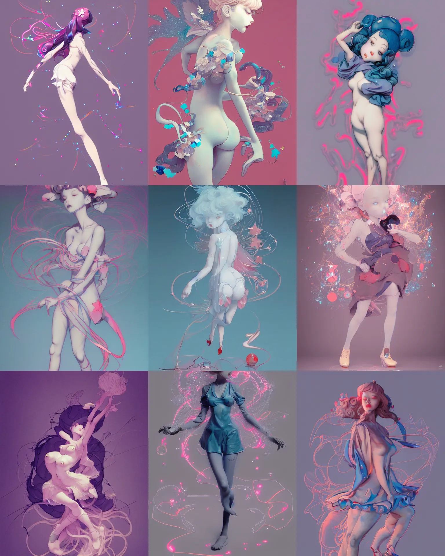 Prompt: james jean isolated vinyl figure voluptuous cute magical girl character design, figure photography, dynamic pose, holographic undertones, motion shapes color design, glitter accents on figure, anime stylized, sharp focus, accurate fictional proportions, high delicate defined details, ethereal lighting, editorial awarded