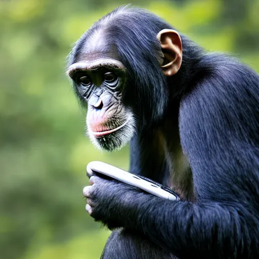 Image similar to a chimpanzee with a pensive look, wearing headphones