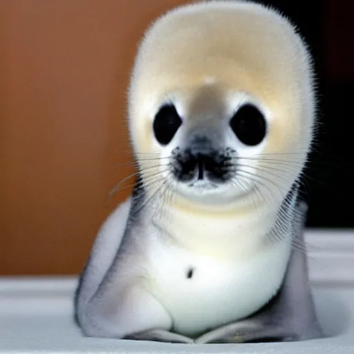 Prompt: a baby harp seal with black fur looking at plans for a nuclear bomb, sitting inside an office at a luxury resort in florida, ap news