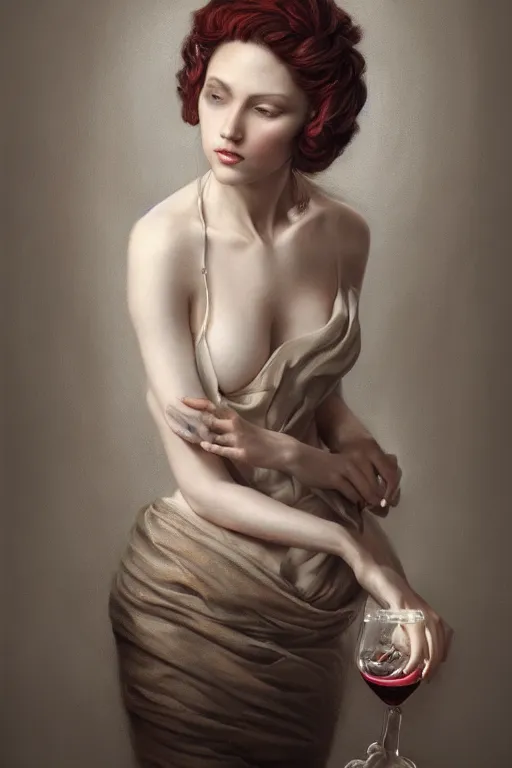 Image similar to a stunning ultra realistic fine art painting of a female wine expert , by tom bagshaw, studio portrait, muted colors, detailed hair, 4K