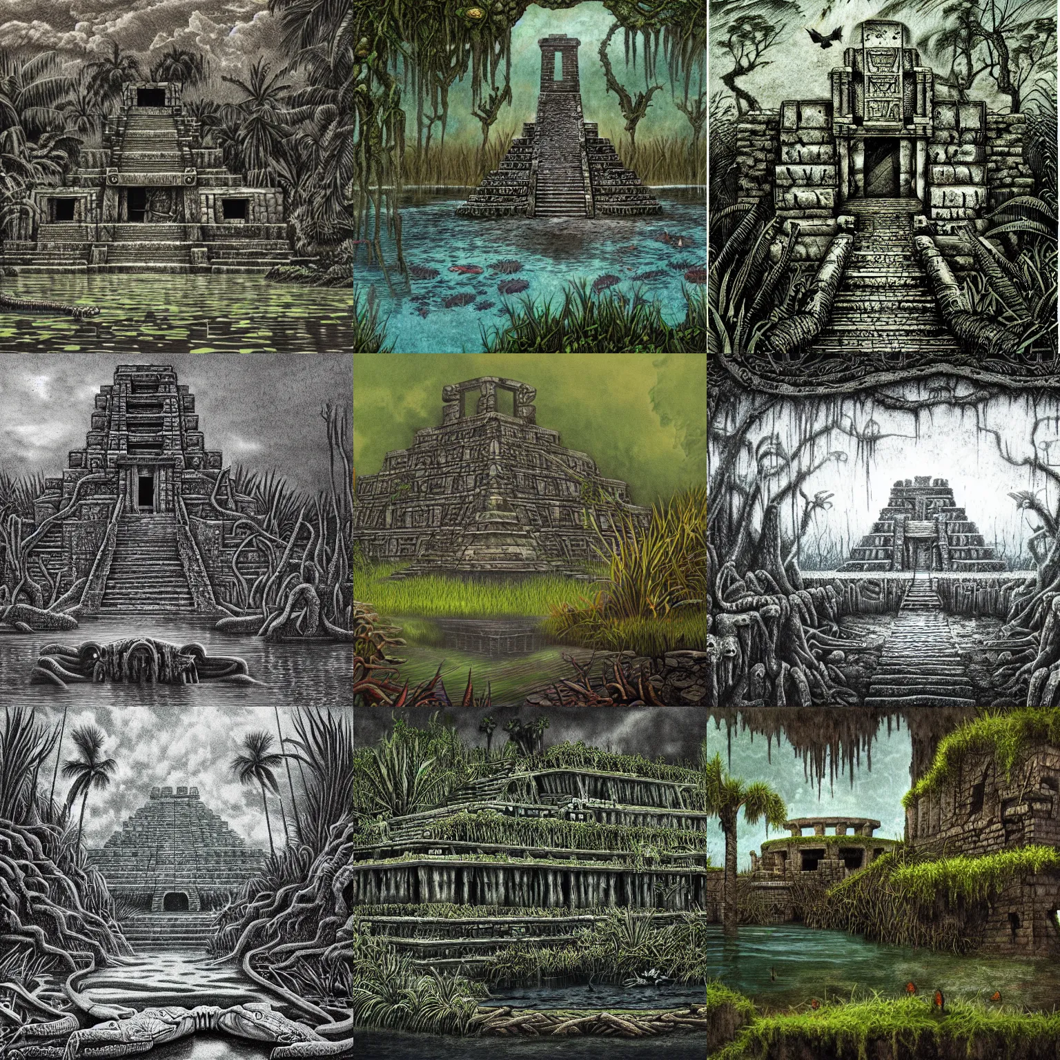 Prompt: a sunken aztec temple in the florida everglades, partly underwater, moss, vines, alligators, foreboding, creepy, in the style of a historical illustration, pencil art, detailed, intricate