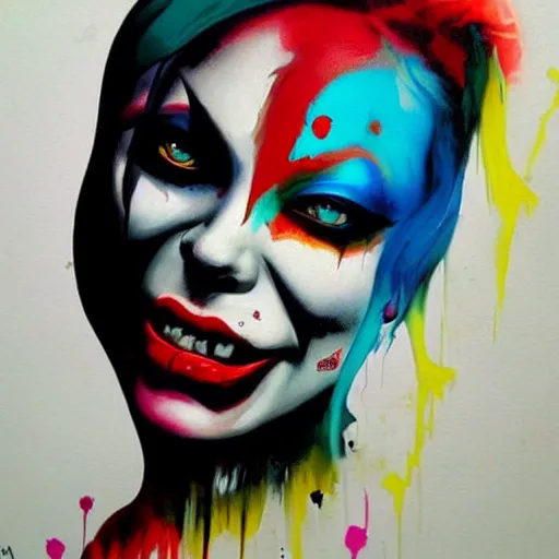 Prompt: splash color abstract of harley quinn in a dream of gloom, Dark Fairy art, Dark fantasy painting by Chevrier