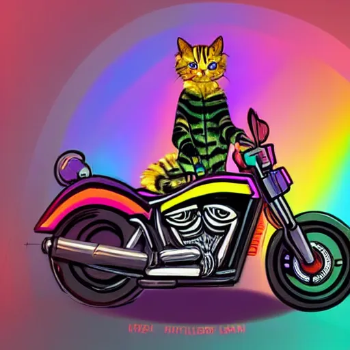 Image similar to wide angle full body, jacket wearing fluffy cute rainbow kitten wearing a black leather motorcycle jacket, riding on a motorcycle, cinematic concept art