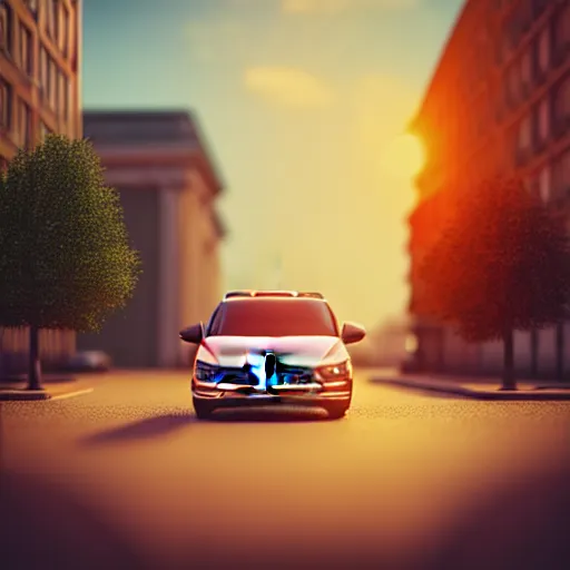 Image similar to a car parked Volkswagon Golk at side of road, Berlin City, city sunset, cinematic color, photorealistic, highly detailed, bokeh, DOF, octane render