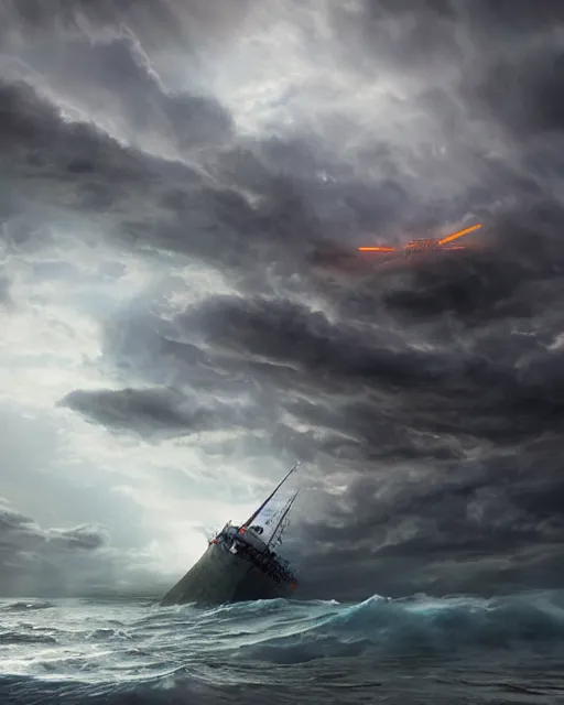 Image similar to a fishing boat on stormy seas, a gigantic star destroyer spaceship with orange lights flying overhead, the gigantic star destroyer spaceship is emerging from storm clouds, sunset lighting, stormy weather, dramatic lighting, unreal engine, hyper realism, realistic shading, cinematic composition, realistic render, octane render, detailed textures, photorealistic, ultrawide shot, 1 6 mm lens