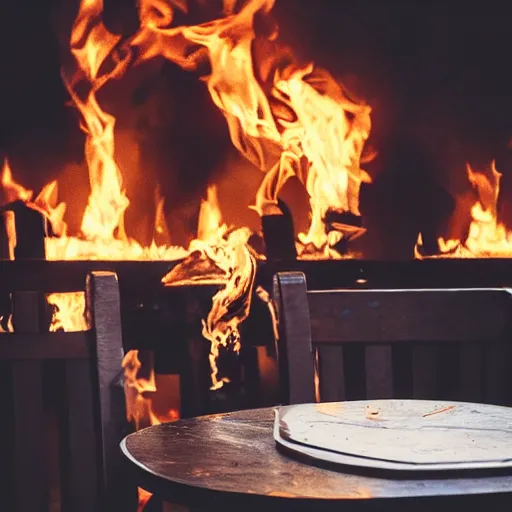 Image similar to a photograph of a big fire on a dining room on fire, only remains a wooden table and a chair (no fire at all there), an human-like relaxed dog sitting at this table, ☕ on the table, surrounded by flames, a lot of flames behind the dog, black smoke instead of the ceiling, no watermark