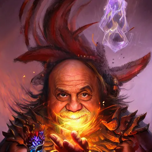 Prompt: portrait of danny devito as a shaman doing voodoo, witchcraft, league of legends amazing splashscreen artwork, dungeons and dragons, splash art, natural light, elegant, photorealistic facial features, intricate, fantasy, detailed face, atmospheric lighting, anamorphic lens flare, cinematic lighting, league of legends splash art, hd wallpaper, ultra high details by greg rutkowski