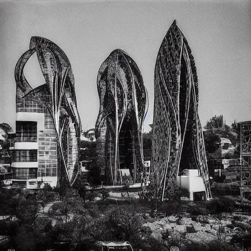 Image similar to old photograph from a strange alien city, organic buildings, black and white