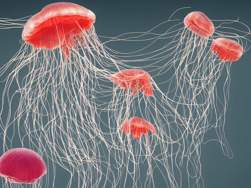 Prompt: hamburger mix jellyfish, cg, 8 k, surrealistic, sharp focus, super resolution ， side view a group of robot mechanical sense halitrephes maasai jellyfish growing form tree branch, c 4 d, 8 k cleaning future, highly quality penetrating feeling bright light, cg, cyberpunk, symmetric, style by andy warhol