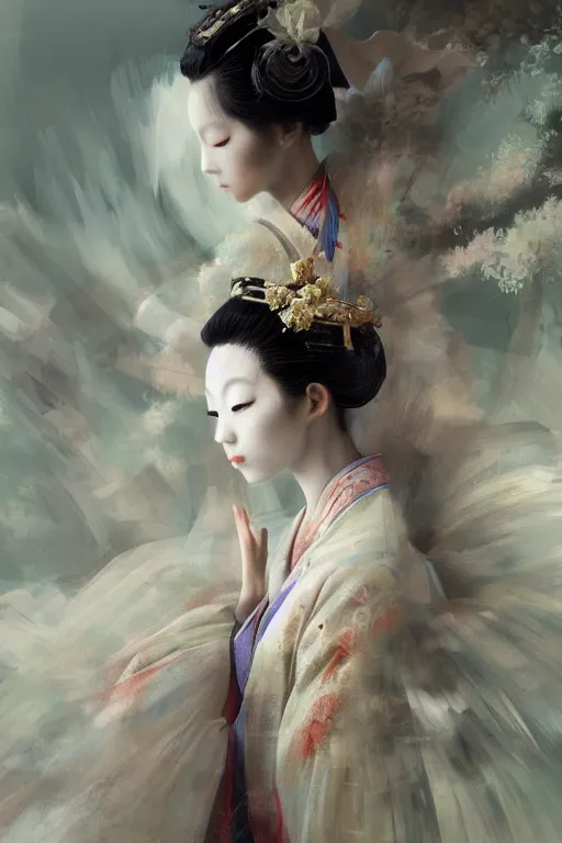 Image similar to geisha prima ballerina, gorgeous, ethereal, intricate, elegant, volumetric lighting, nature scenery, digital painting, highly detailed, artstation, sharp focus, illustration, concept art, ruan jia, steve mccurry