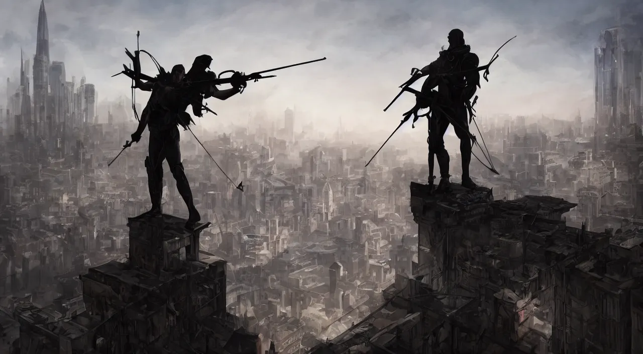 Prompt: Intense silhouette of a cool crossbow man on a rooftop watching over a bustling city, fantasy art, 4k, detailed, trending on artstation