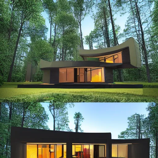 Prompt: a modern house in the woods. the house is the shape of a mobius strip with large picture windows. there are pine trees all around. digital art, 3 d render.